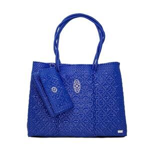 NEW LOLA'S BAG women's travel woven tote bag with clutch in navy blue